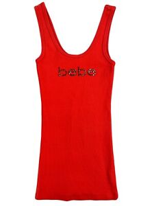 Bebe Shirt Womens Sz XS Red Rhinestones Logo Sleeveless Tank Top VTG USA Made