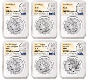 2021 $1 Morgan & Peace Silver Dollar 6pc Set NGC MS70 100th Anni. Label 6 Coin %