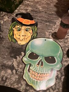 Vintage Lot of 2 Eureka Witch Skull  Halloween Die Cut Double Sided