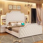 Tall Platform Bed Frame with 4 Drawers PU Leather Upholstered Bed Frame White