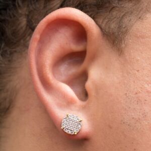 Two Tone 14k Gold Plated Men's Iced Round Four Prong Micro Pave Stud Earrings