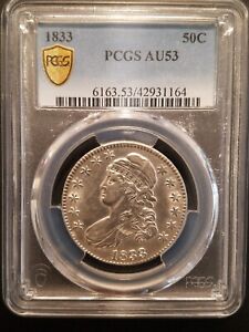 1833 Capped Bust Half Dollar *  PCGS AU53 * Lustrous * Gold Shield * Eye Appeal!