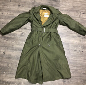 Vtg Korea Army Green  Overcoat Cotton Sateen W Liner Trench Coat Small S