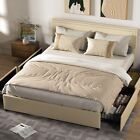 Full Size Upholstered Bed Frame with 4 Storage Drawer Adjustable Headboard White
