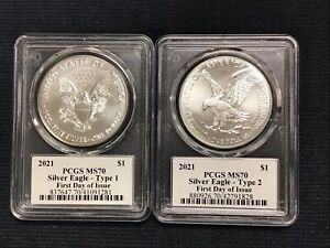 2021 PCGS MS70 SILVER EAGLE TYPE 1, TYPE 2 FIRST DAY OF ISSUE SET ~ DARK LABEL
