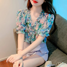Korean Women Floral Chiffon Ruffle Puff Sleeve Summer Casual T-shirt Tops Blouse
