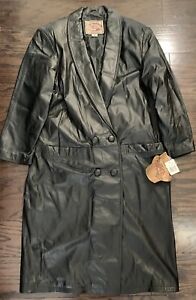 Vintage NWT International LEATHER Co Jacket Black Leather Trench Coat Petite L
