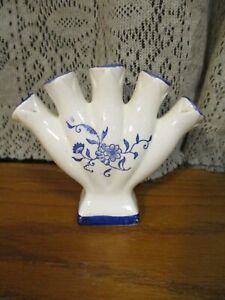 Vintage Finger Bud Vase Five Finger Ceramic Hand Painted Blue/White