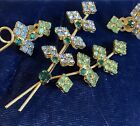Vintage Green And Blue Rhinestone Flower Brooch And Earrings