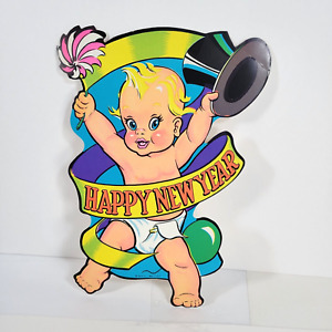 Vtg Beistle Die Cut Cardboard Happy New Year Baby W/ Hat Pom Decoration Paper ~B