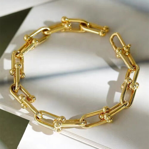 18K Solid Gold Horseshoe Link Chain Bracelet U-Shape Charm Hot Jewelry 6.3