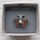 Sterling Silver Butterfly Brooch Orange Crystals Marcasites Faux Pearl 925 Boxed