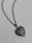 Engraved Heart Shaped Locket; Small Antique Silver Locket with Paper Clip Chain
