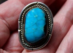 Gorgeous Old Pawn Navajo Sterling Silver & Blue Turquoise Stone Ring SIZE 6.50