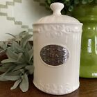 THL Ceramic TEA Canister Ribbed & Embossed Scrolls Off-White Silver Label 7