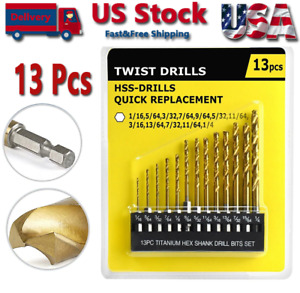 13Pcs HSS Titanium Coated Twist Drill Bit Set 1.5-6.5mm Hex Shank For wood Metal