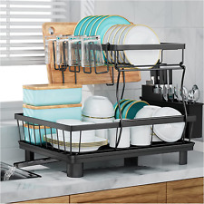2-Tier Drying Dish Rack and Drain Board Set Utensil Holder Metal Kitchen Counter