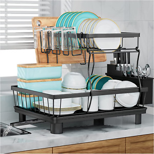 2-Tier Metal Drying Dish Rack and Drain Board Set Kitchen Utensil Spice Rack
