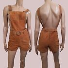 Vintage 70s Suede Shorts Overalls Hot Pants Jumper Womens XS Tan Brown Belted