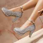 Glitter Wedding Party Pumps Womens High Heels Ankle Strap Shoes Formal Mary Jane