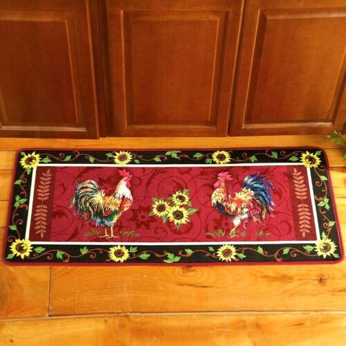 Country French Rooster Sunflower Kitchen Cushioned Floor Runner Rug 48'' x 19''
