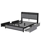Queen Size Bed Frame w/Storage and LED and Charging Station Headboard&Drawers