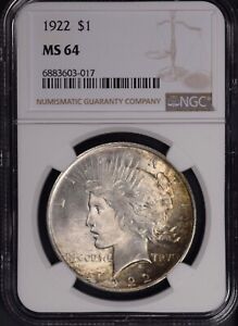 1922 $1 NGC MS64 Peace Dollar Toned PQ No Reserve Auction
