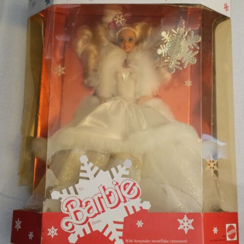 Happy Holidays Barbie 1989 Blonde White Fur Gown Snowflake  Special Edition.