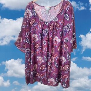 Catherines Top Womens 4X 30/32W Floral Purple Pleats Short Sleeve