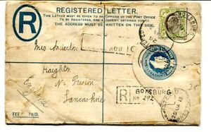 South Africa 1913 Transvaal 4d Registered Envelope uprated +3d “BOKSBURG” to UK