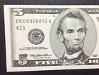 New Listing1999 $5 Choice Uncirc Dallas FANCY SERIAL NUMBER LOW 2 DIGIT 00000072!