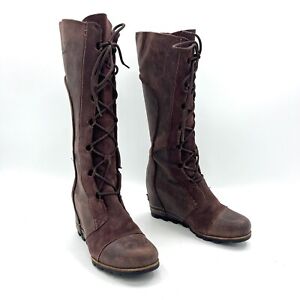 Sorel Joan of Arctic Wedge Tall Brown Leather Winter Boots Women's Size 9
