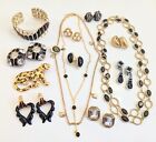 Vintage Jewelry Lot Gold Tone Black Earrings Enamel Rhinestone Necklace Monet