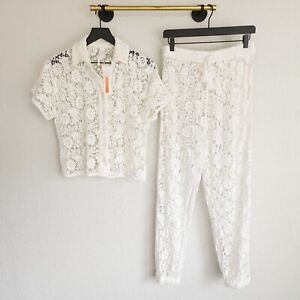 Anthropologie XS Ivory Lacy Lounge Set 2 PC Buttondown Top and Pull On Pants NWT