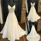 Spaghetti Strap V Neck Wedding Dresses Applique Satin Lace Beach Bridal Gown