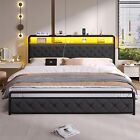 LED King Size Bed Frame Upholstered Platform Bed Frame with Storage Headboard