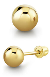 14K Solid Gold Round Ball Stud Earrings Screw-back Yellow