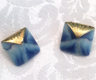 Vtg Painted Ceramic 80s 90s Retro Stud Earrings Gold Blue White Tones Pierced