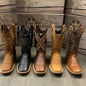 MEN'S RODEO COWBOY BOOTS GENUINE LEATHER BROWN SQUARE TOE BOTA RANCH SADDLE