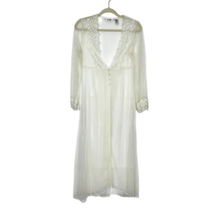 Delicates Sheer Lace Mesh Duster Robe Small ivory Nightgown Lace Rhinestone 90s