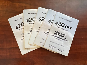 Lot of 5 Victoria’s Secret Coupon $20 Off $50 + Mist or Lotion, Use May 8-21