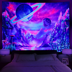 Blacklight Planet Tapestry UV Reactive Galaxy Space Tapestry Mountain Black Ligh