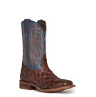 Men's Brown Leather Blue Upper Wide Square Toe Cowboy Boots - 5 Day Delivery