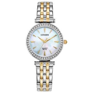 Citizen Womens Quartz Crystal Accent Bezel Silver Gold Watch 30mm ER0216-67D