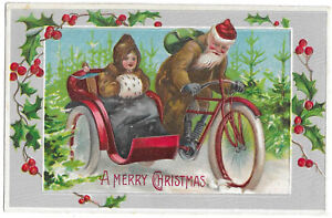 Postcard Christmas Brown Suited Santa Claus on Motor Bike with Side Car