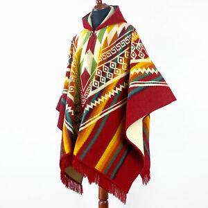 Alpaca wool Hooded Poncho Unisex Aztec pattern all seasons boho hippie XXL RED