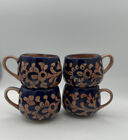 Handmade Red Clay Blue Floral Mug Set 4 Hand painted marked 17
