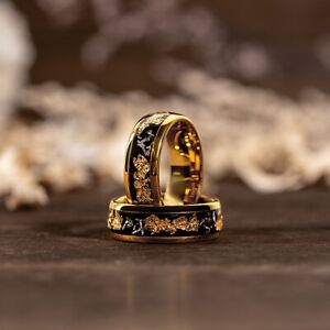 Meteorite Crushed Gold Leaf Flake Ring Mens Wedding Band Solid Tungsten Men Ring