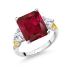 925 Silver and 10K Yellow Gold Created Ruby Moissanite and Diamond 3 Stone Ring