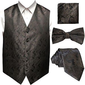 Men's Paisley Design Dress Vest and Neck Tie & Bow Tie & Hankie Set (4 in 1 Set)